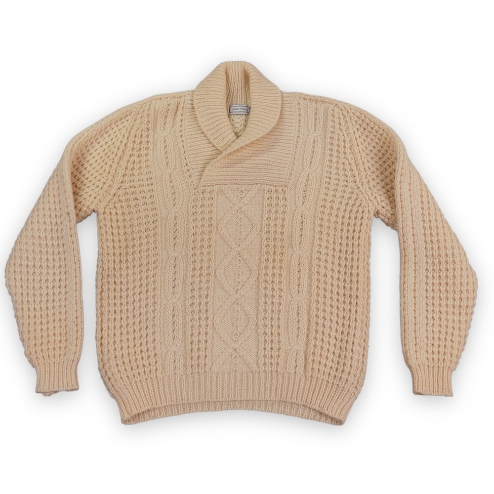 VTG Alan Craig‎ Wool Sweater Mens 42 Cream Aran Cable Knit Made Ireland Shawl
